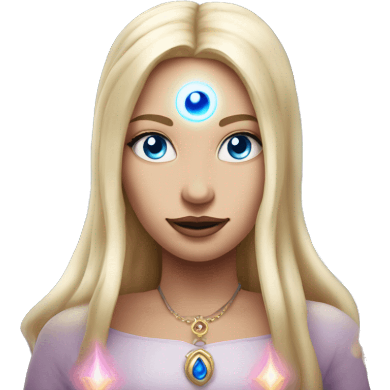 magical diva with thin pink andromedan face long blonde hair and blue eyes glowing third eye emoji