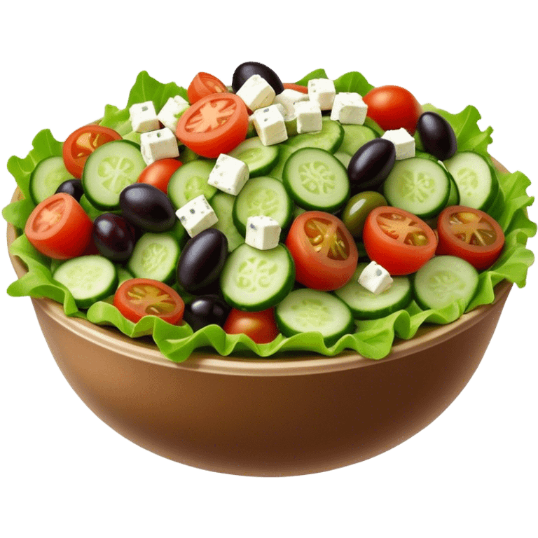 Cinematic Realistic Greek Salad Dish Emoji, depicted with crisp lettuce, tomatoes, cucumbers, olives, and feta cheese rendered with vibrant textures and fresh, natural lighting. emoji