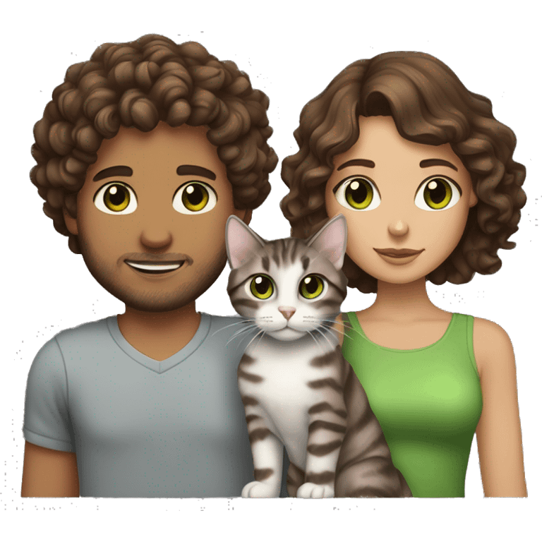 a brunette with curly hair and brown eyes and her boyfriend with fluffy brown hair and brown eyes holding a grey tabby cat with green eyes emoji