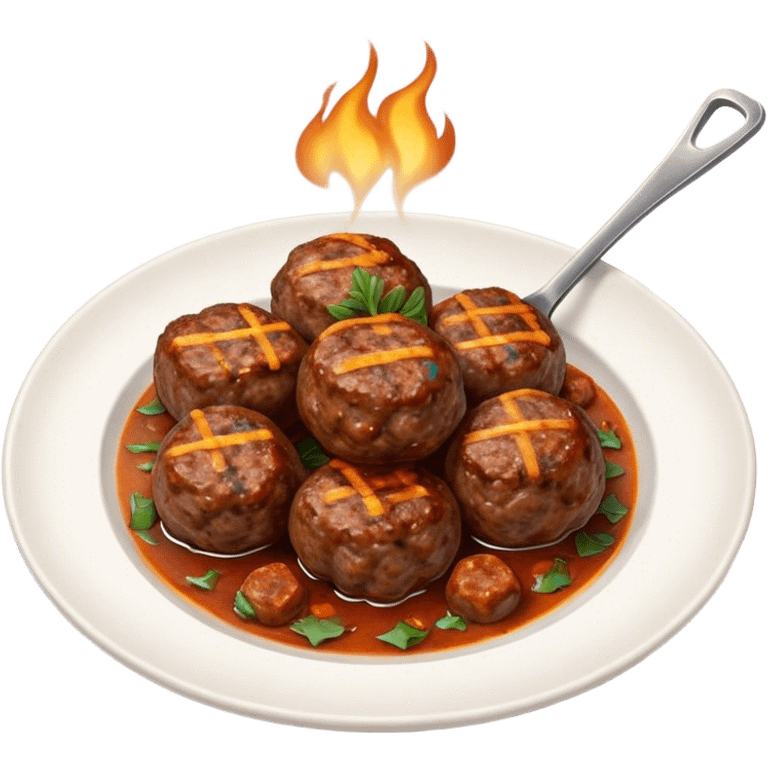 Cinematic Realistic Kofte Dish Emoji, depicted as seasoned, grilled meatballs with a charred exterior rendered with lifelike textures and robust, appetizing lighting. emoji