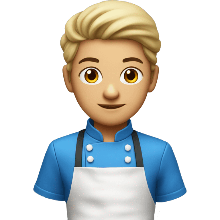 A cool looking young chef with a cap, and apron, blue clothes, Chef's hair tied back with an hair band emoji