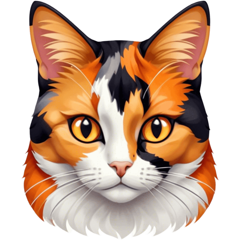 Cinematic Noble Calico Cat Portrait Emoji, Poised and regal, with a striking patchwork fur in vibrant orange, black, and white hues, delicate whiskers and a refined, focused gaze, simplified yet exquisitely detailed, glowing with a soft, moonlit radiance and an air of aristocratic elegance, high shine, exuding dignified intelligence and poised authority, soft glowing outline, capturing the essence of a watchful and noble calico cat that appears ready to grace the screen with effortless majesty! emoji