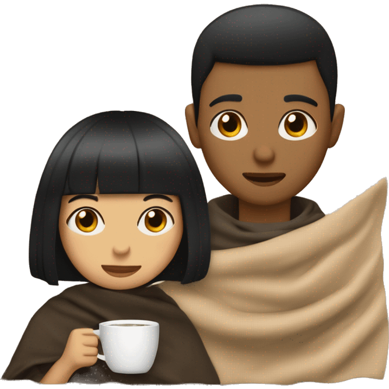 LIGHT BROWN SKIN BOY, with SHORT STRAIGHT BLACK HAIR and a TAN SKIN GIRL, with BLACK HAIR and BANGS, inside a blanket sipping coffee emoji