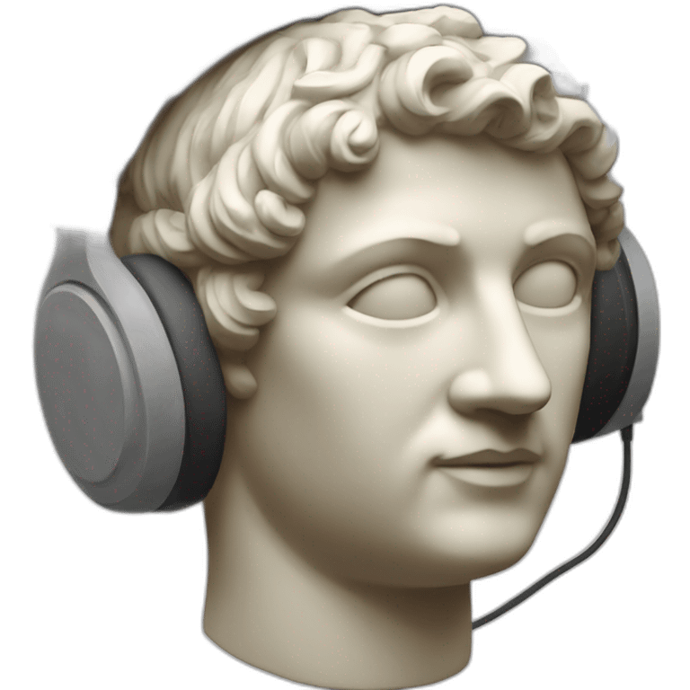 a Roman sculpture with headphones and coding emoji