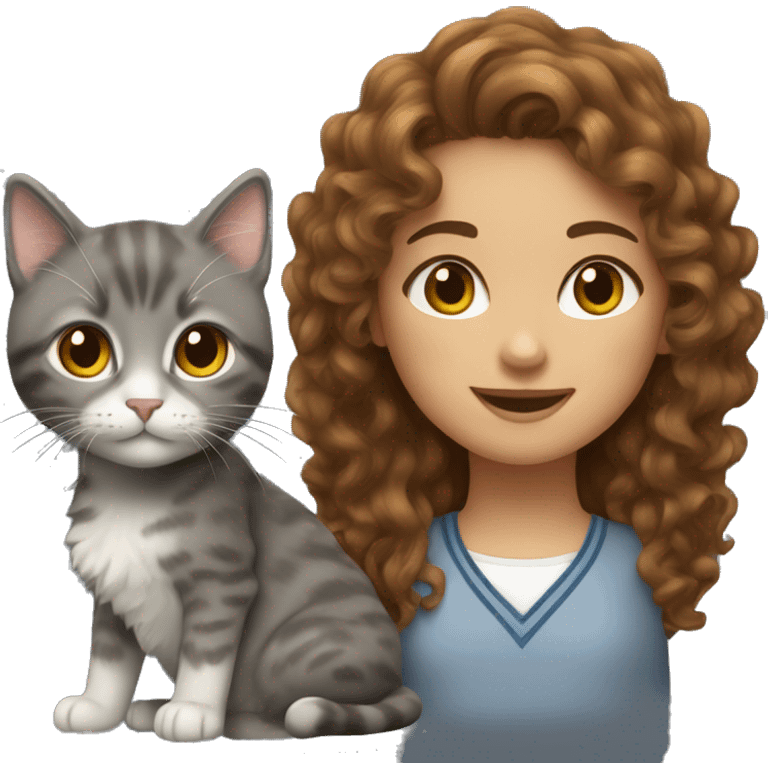 Girl with curly brown hair with grey scotland cat emoji