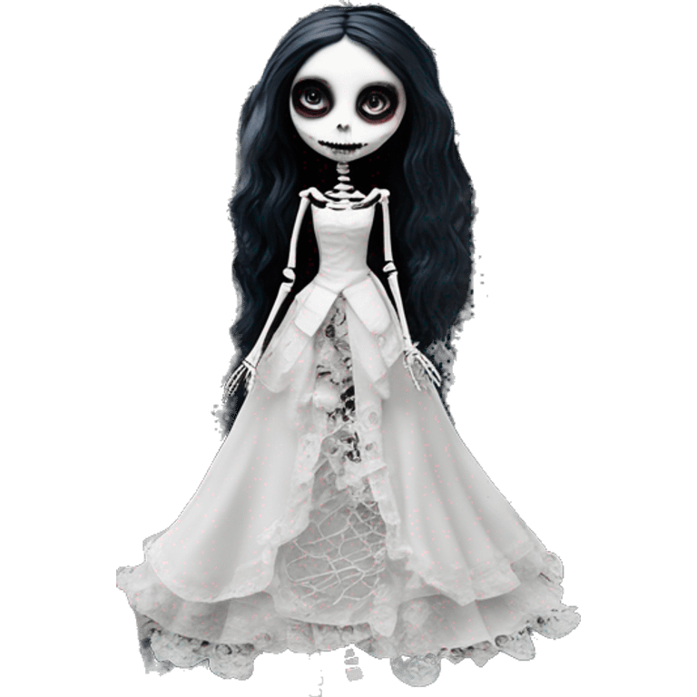 full height skeleton, tim burton "corpse bride", thin porcelain doll with a cracked face, goth makeup watery eyes, long hair, lace and ruffles, lolita style, inked, black and white, red roses, gothic castle with roses emoji