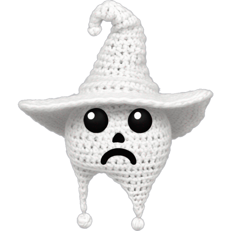 white shaped adorable crocheted ghost. it has only two black pearl shaped eyes (no mouth)  and wearing a black pointy witch hat. the hat shouldbe black only. the ghost is crocheted, made from yarn. emoji