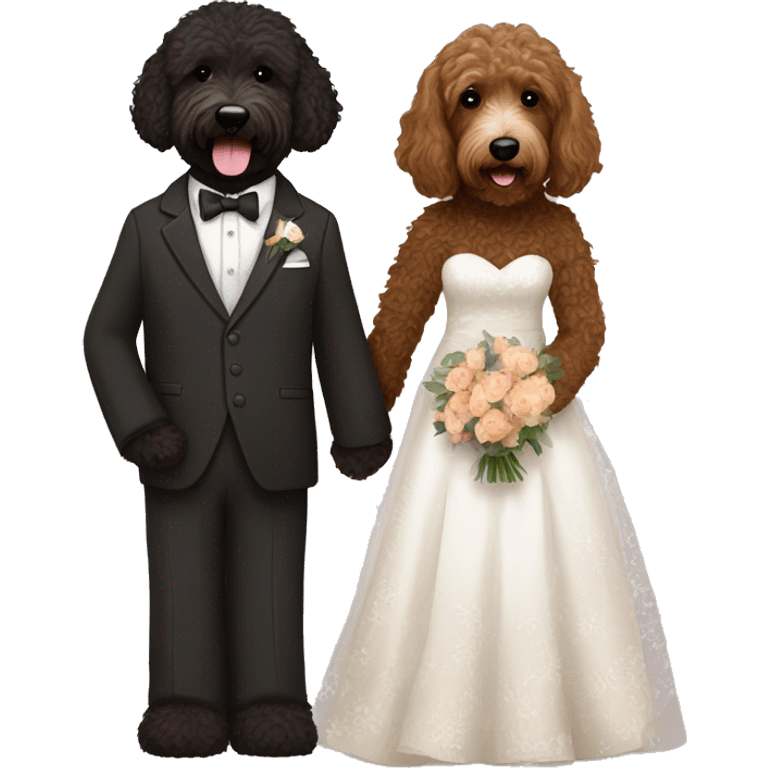 Black and brown bernadoodle in wedding dress and dark brown Australian labradoodle in suit emoji