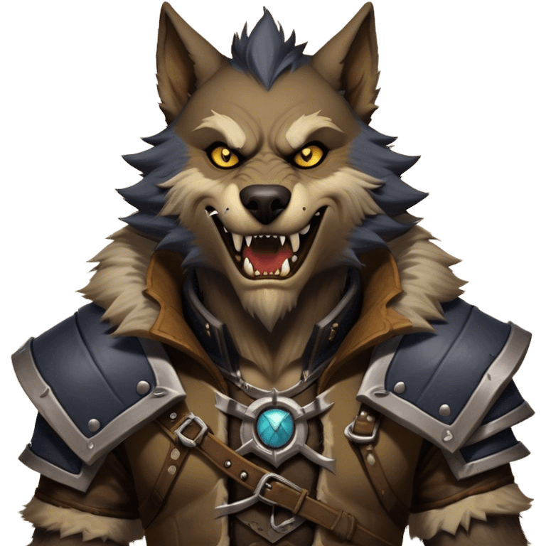 Cinematic Realistic WoW Worgen Portrait, head tilted dramatically with an exaggeratedly amused expression, blending ferocious beastliness with a touch of unexpected humor. His rugged fur, tanned skin, and worn leather garments are rendered with meticulous detail and dynamic lighting, high shine, dramatic yet whimsical, capturing the essence of a worgen whose epic might is tempered by a playful, irreverent charm. emoji