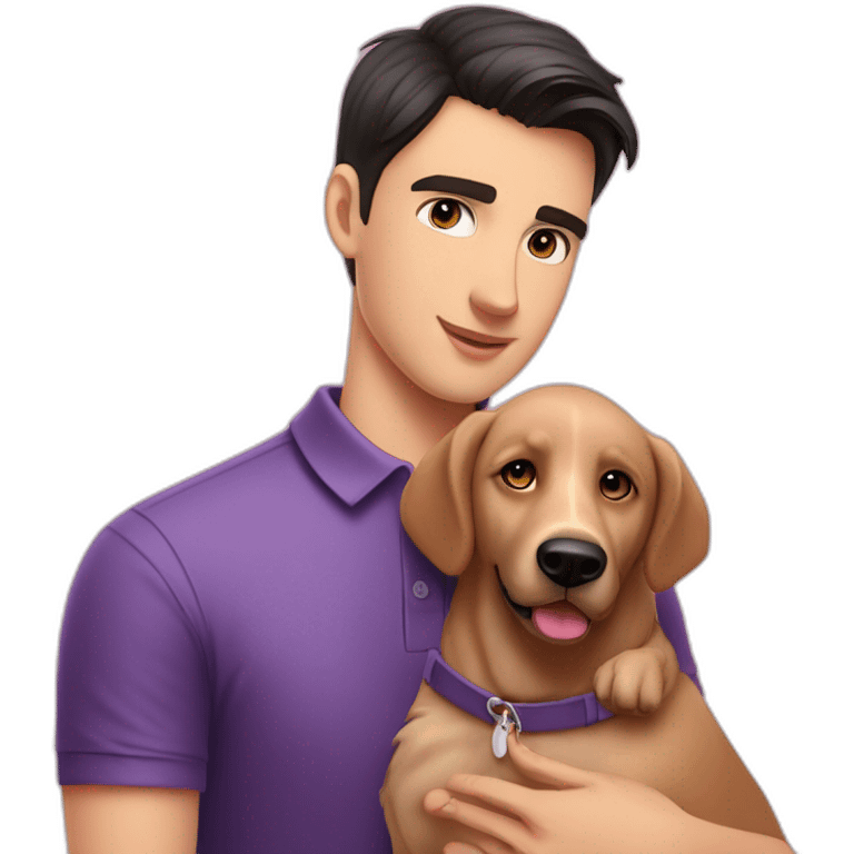 young handsome man with straight short dark hair and dark eyes with large eyelashes and plump pink lips protruding cheekbones in a sports polo shirt hugs a dog emoji