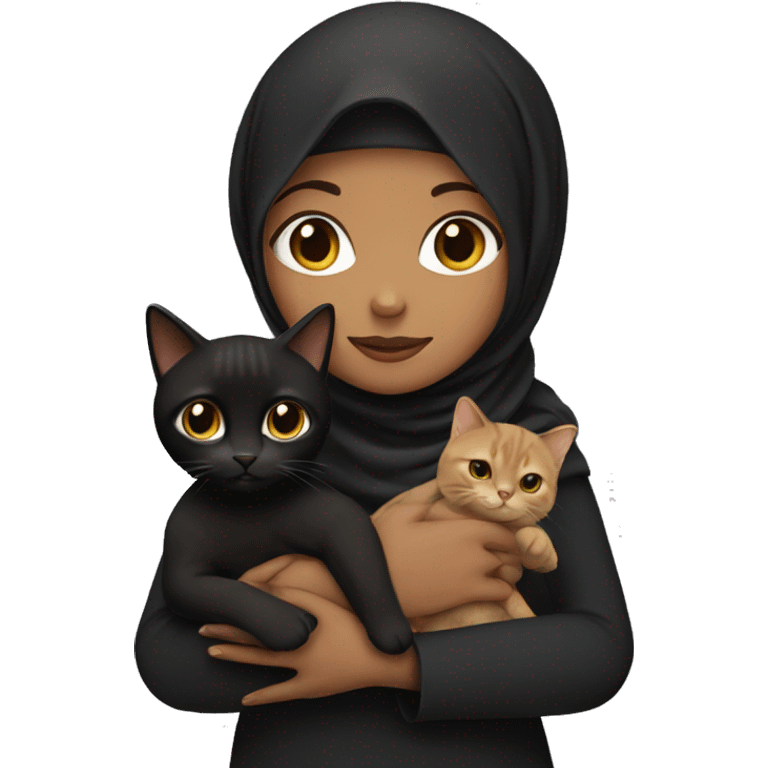 A girl with a black hijab holding a brown cat  emoji