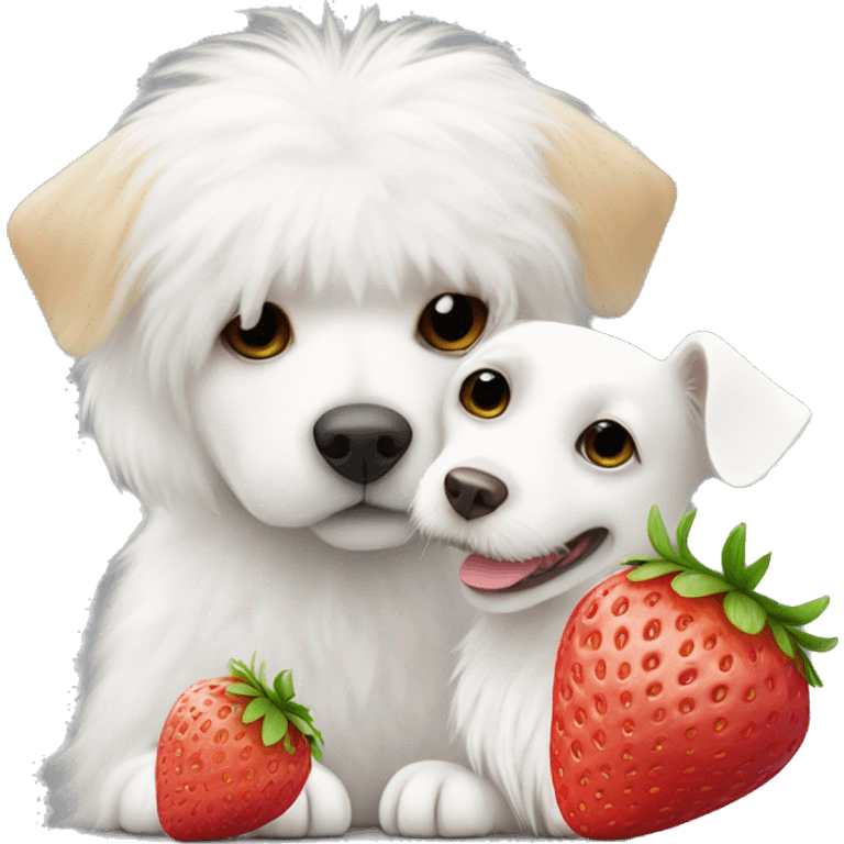 White furry dog with strawberry on its head kissing another white furry dog emoji