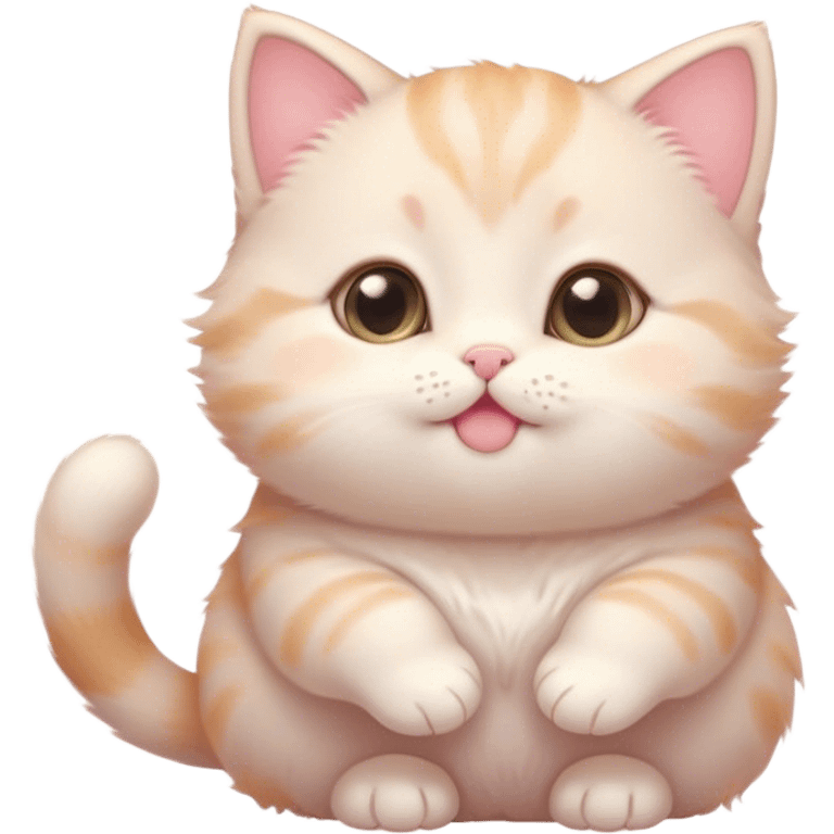 Cinematic chubby pastel kitten, big round eyes full of wonder, tiny paws reaching up, soft fluffy fur glowing in warm light, delicate heart-shaped nose, irresistibly cute and snuggly. emoji