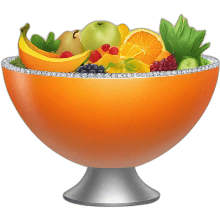 Create an image of a vibrant orange salad bowl filled with exotic fruits and vegetables, topped with a sparkling diamond. Include a hand elegantly holding the bowl from the side. emoji