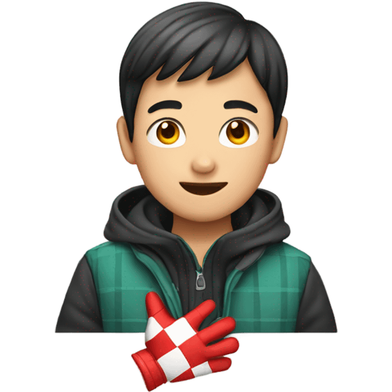 Asian boy wearing red checkered gloves on hands emoji