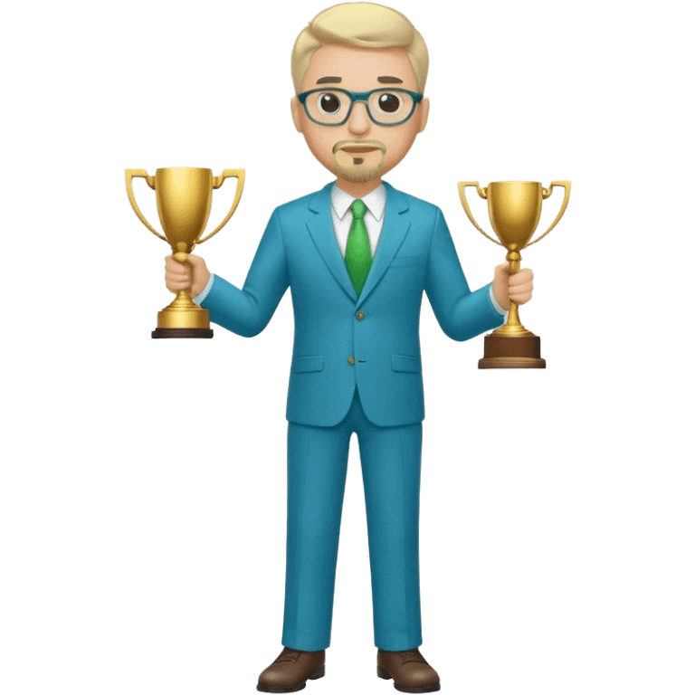 Full Body white fat male  wearing glasses with a goatee with light blonde gray very short hair basketball head Coach in blue and green suit holding trophy emoji