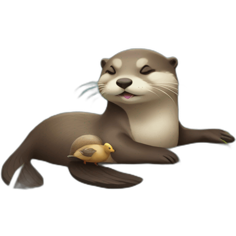 otter holding hands with a duck while sleeping on the water with a pebble on the belly emoji