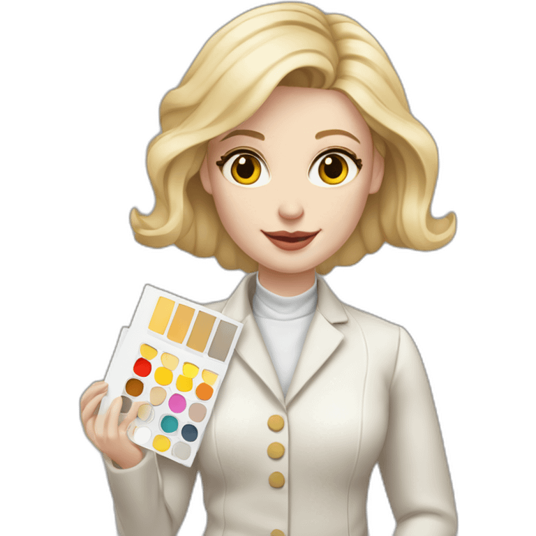 pale skin woman with blonde straight line Hair to shoulders, White classical jacket, Gray Palazzo pants holding a color palette in the hands emoji