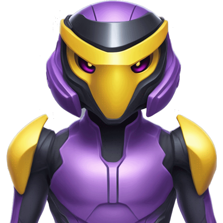 a shiny black-purple-yellow Genesect-Raptor-Fakémon—hybrid with a futuristic visor-helmet full bod emoji