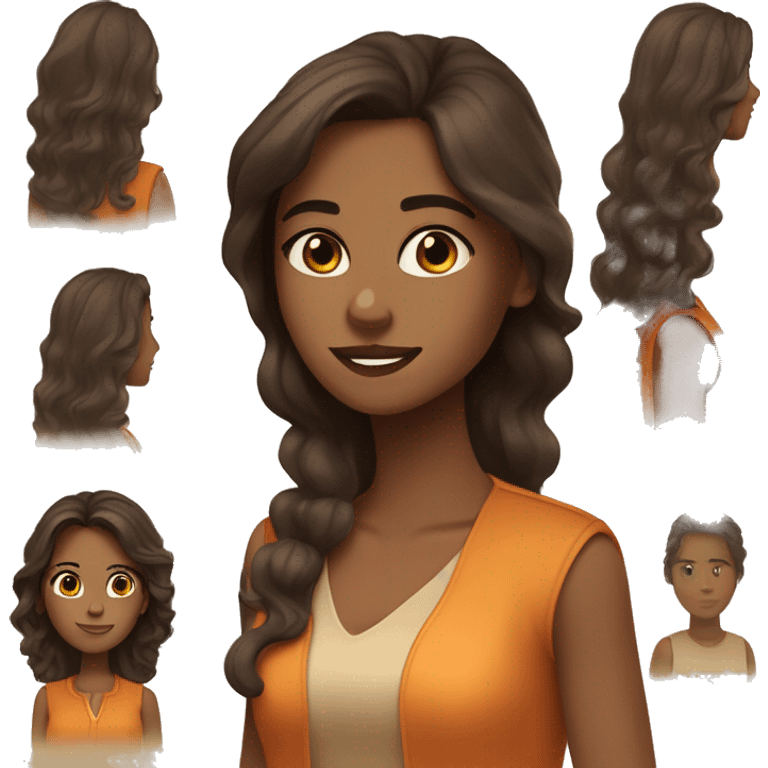 a charming tanned woman wavy chocolate hair, caramel eyes, beige shirt, orange vest emoji