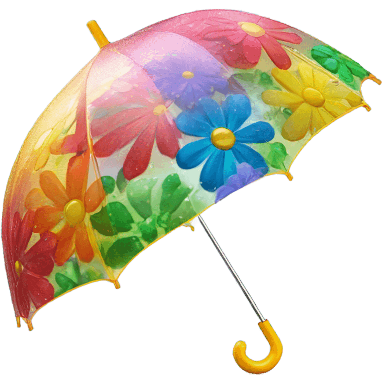 Rainbow umbrella made of flowers with dew drops dripping off and a large handle  emoji