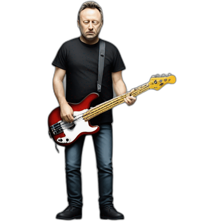 photo realistic Peter Hook from Joy Division, playing black bass guitar, standing, full body, front view emoji