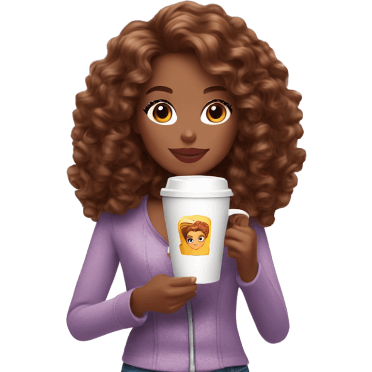 Barbie girl with brown curly hair drinking coffee  emoji