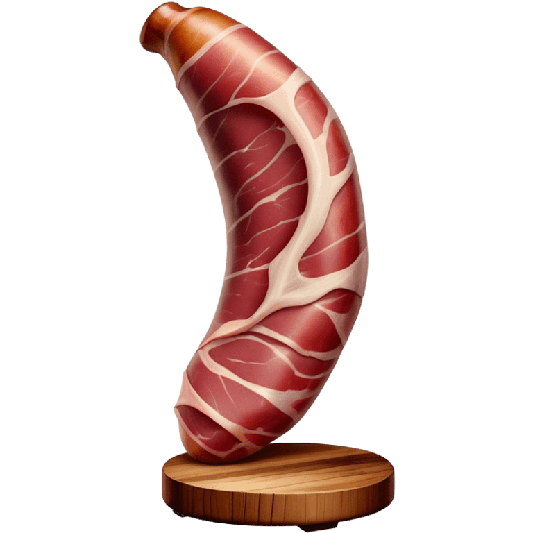 ​Cinematic Realistic Spanish Jamón Leg, depicted as a massive, cured leg of Jamón serrano (ham) with a deep reddish-brown hue, intricately marbled and slightly glossy with age, elegantly displayed on a rustic wooden stand and bathed in warm, soft lighting that accentuates its artisanal heritage, emoji