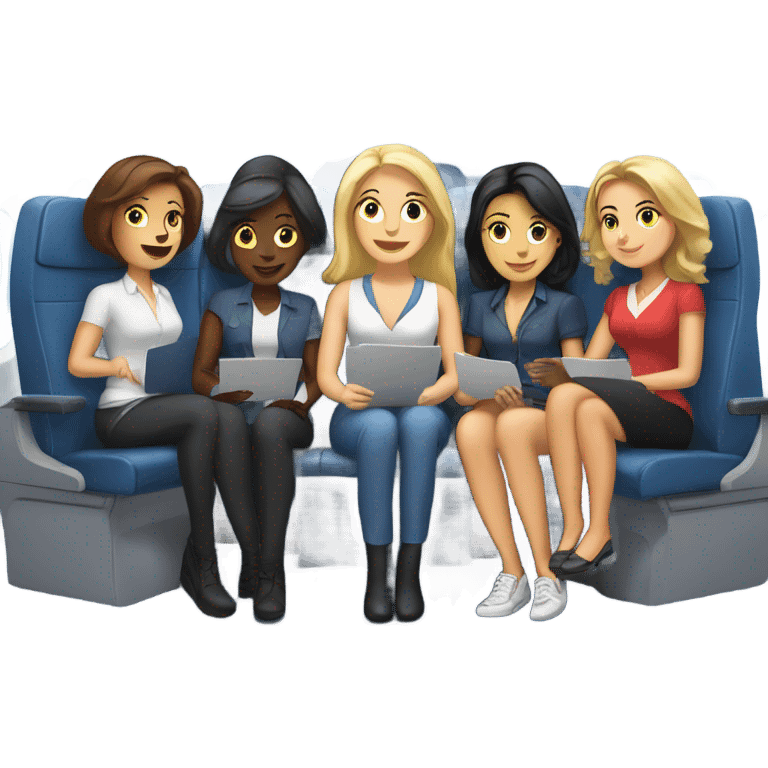 Group of 6 Caucasian women riding in a airplane  emoji