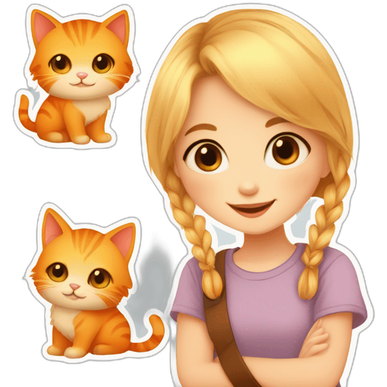 drawing of a little blonde girl with brown eyes, with her orange cat , smiling sweetly, sticker for telegram, cutie, cute illustration, with hyperdetals, cute art emoji