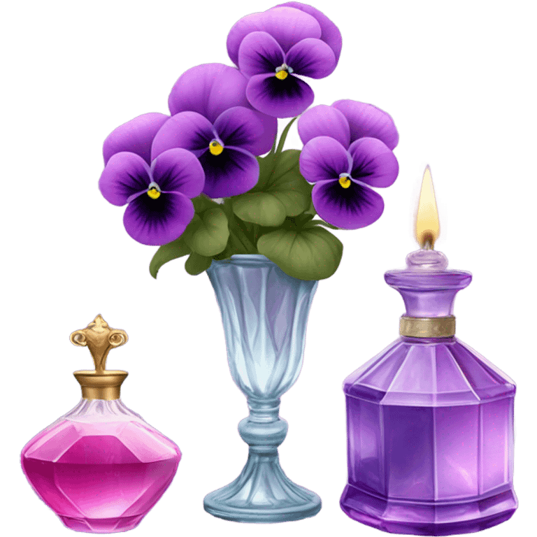 A pink aesthetic still-life: a decorative candle in a glass jar, violet pansies in a crystal vase, and an ornate purple perfume bottle emoji