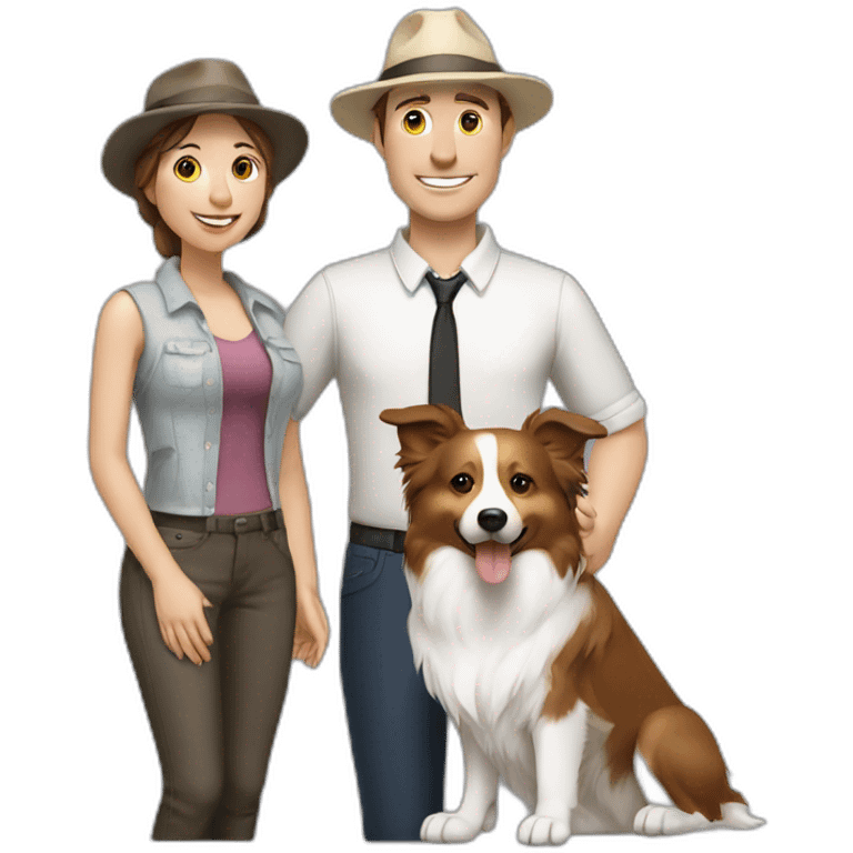 white family group of two consisting of man in hat and woman with ponytail long hair and small border collie dog emoji