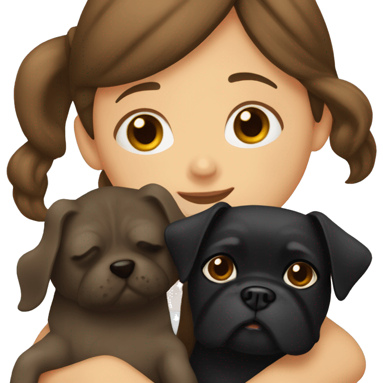 A girl with long brown hair hugs a black dog that looks like a pug. emoji