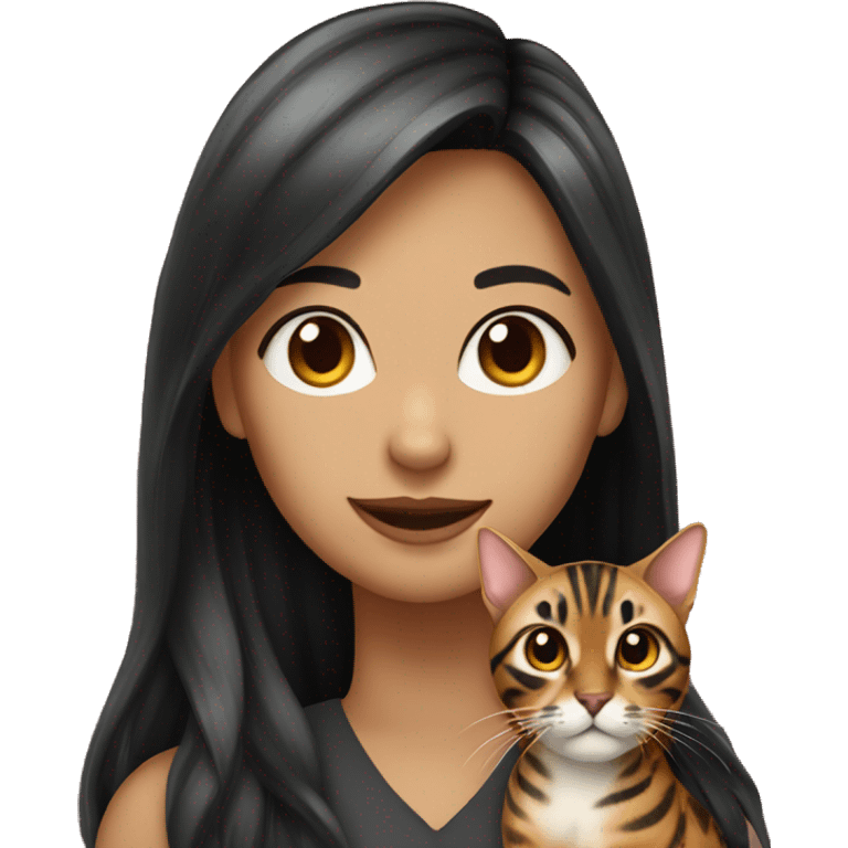 woman long dark hair with bengal cat with heart emoji