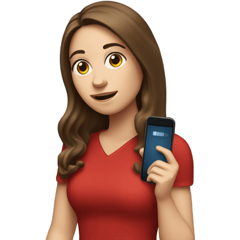 a white girl with long brown hair in a red dress holding a cell phone showing it emoji