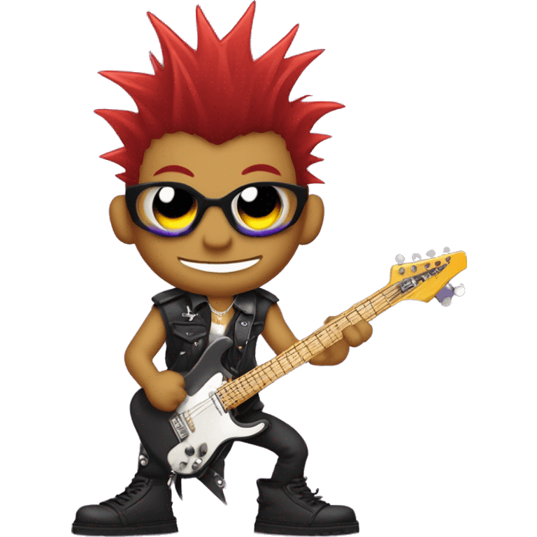 "Purple-skinned punk rock character with red mohawk hair, a mischievous grin, and edgy style. Holding a spiky electric guitar, wearing leather cuffs, ripped clothes, and fishnet stockings. Background is simple or transparent." emoji