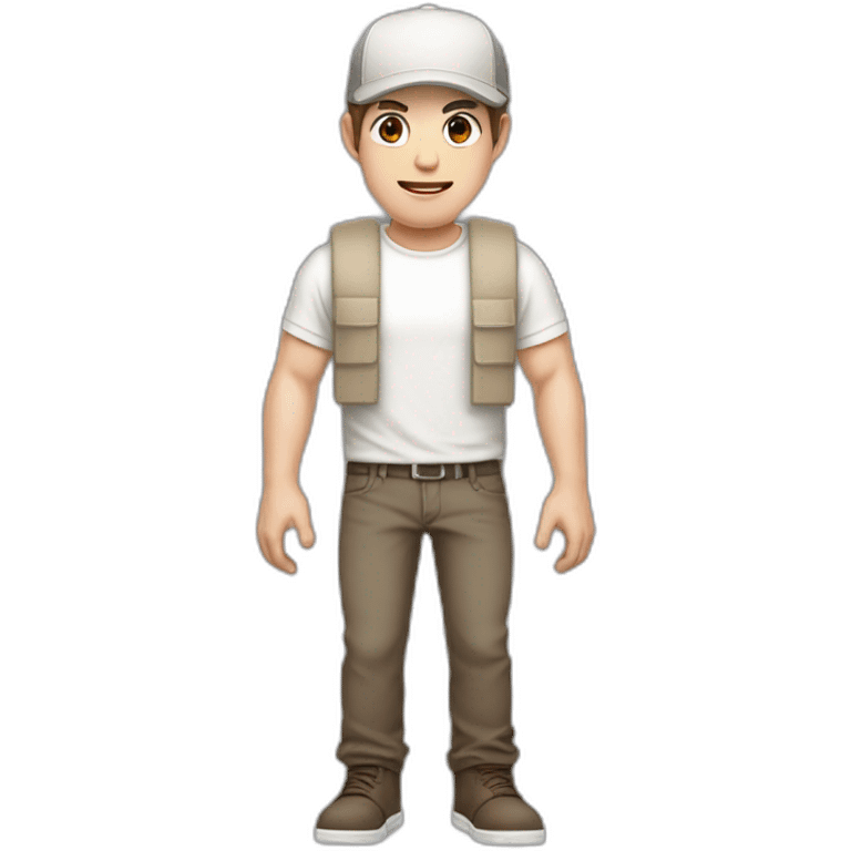 Pale skinned fit Man with dark brown hair in a beige cap, gray jeans, brown polo and white T-shirt keeping a pasted with tape white box into his hands emoji