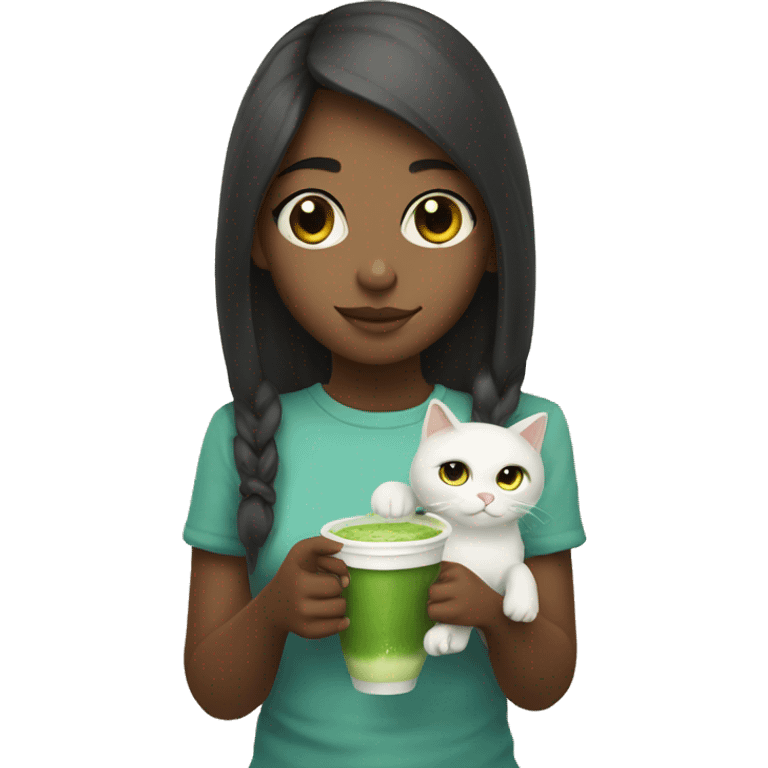 Cute girl holding a cat and cup of iced matcha  emoji