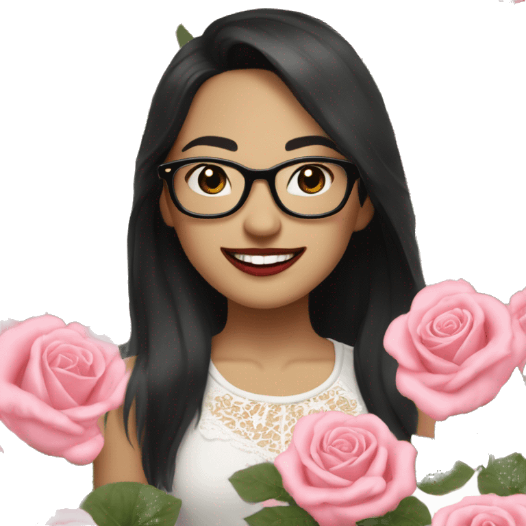 Asian girl, smiling with teeth, fair skin, black long hair, black eyes, black glasses with gold frames, red lipstick, wearing a white lace tank top and a black office jacket on top, with pink and red roses around her. emoji