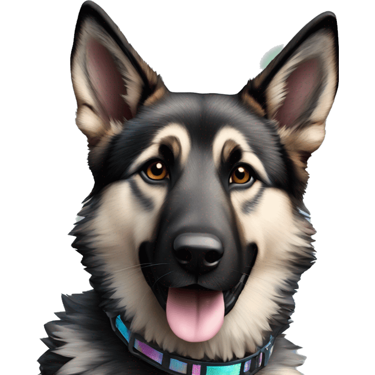  Black spotted brindle German shepherd husky fluffy ears and holographic harness running emoji