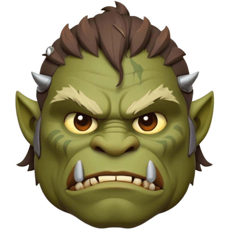 Cinematic Noble Ogre Portrait Emoji, Majestic and imposing, with a rugged, muscular form in deep earthy greens and browns, adorned with battle scars and subtle tribal markings, exuding calm, noble strength and unexpected wisdom, simplified yet strikingly detailed, glowing with a shadowy outline that captures the essence of a gentle giant with fierce heart! emoji