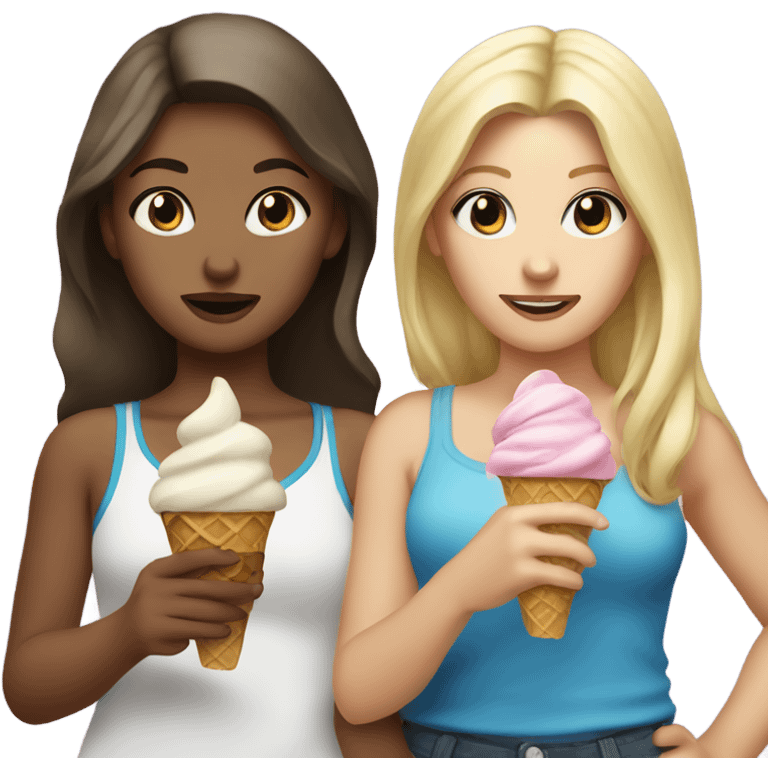 blonde girl with brown eyes standing with her best friend brunette with blue eyes while eating ice cream emoji