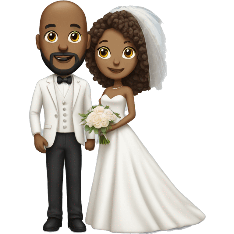 Black bald man with a beard and his wife with long, brown, curly hair on their wedding day emoji