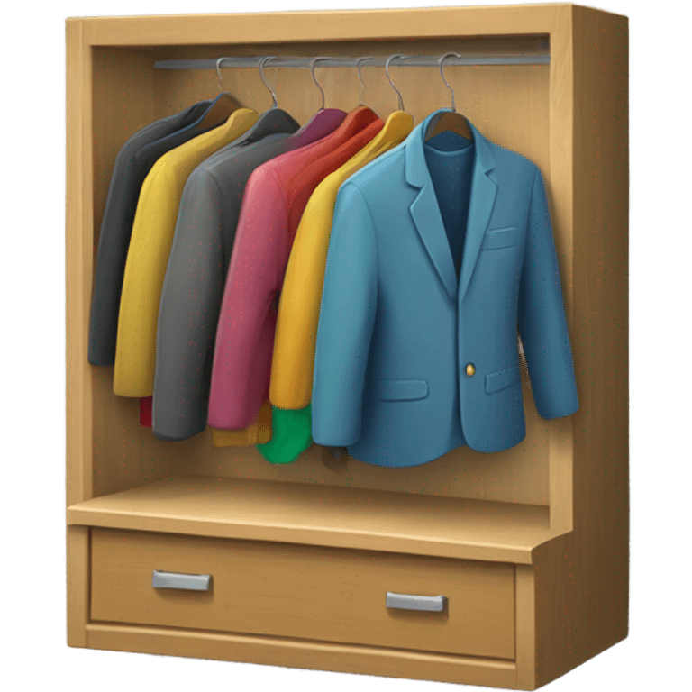 Design an emoji-style icon of an open wardrobe with clothes hanging inside. Include details like a wooden frame, hangers, and colorful clothing items such as shirts or jackets. Use a clean and minimalistic design. emoji