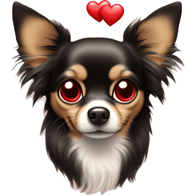 black and tan long-haired chihuahua with red heart covering each eye like love emoj emoji