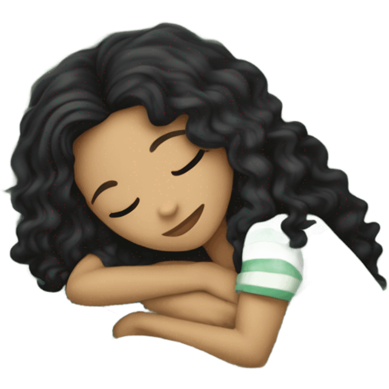 light skin color girl with long curly black hair sleeping in a bed with faded green striped comforters emoji