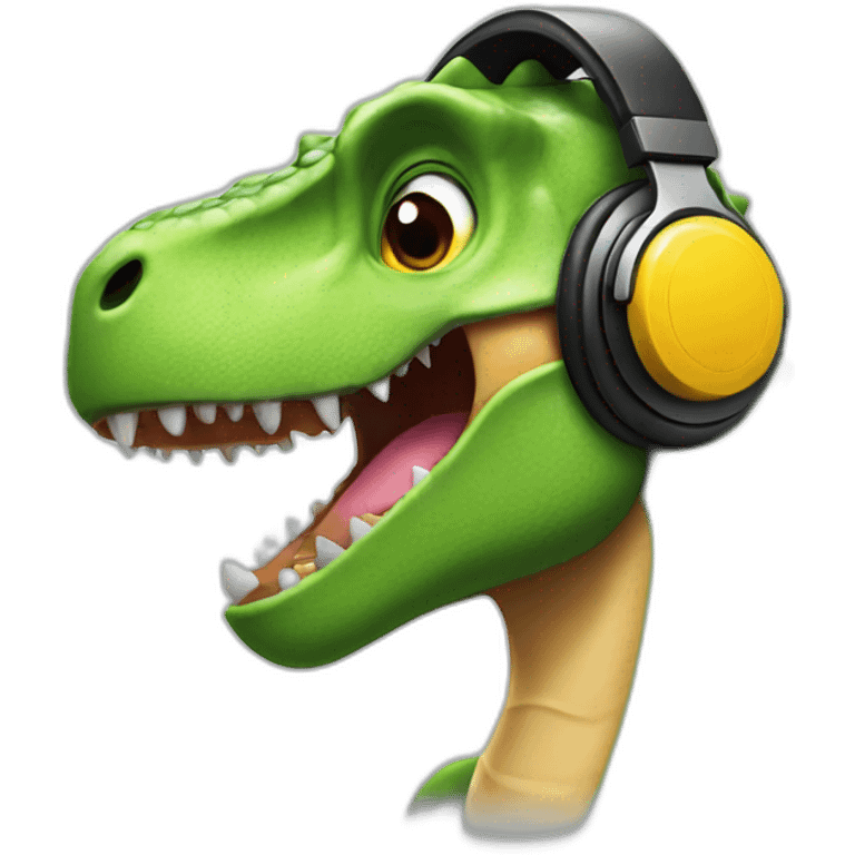 A dinosaur listening to music in headphones looks to its side emoji