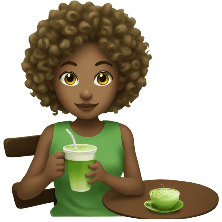 Curly girl drinking matcha emoji