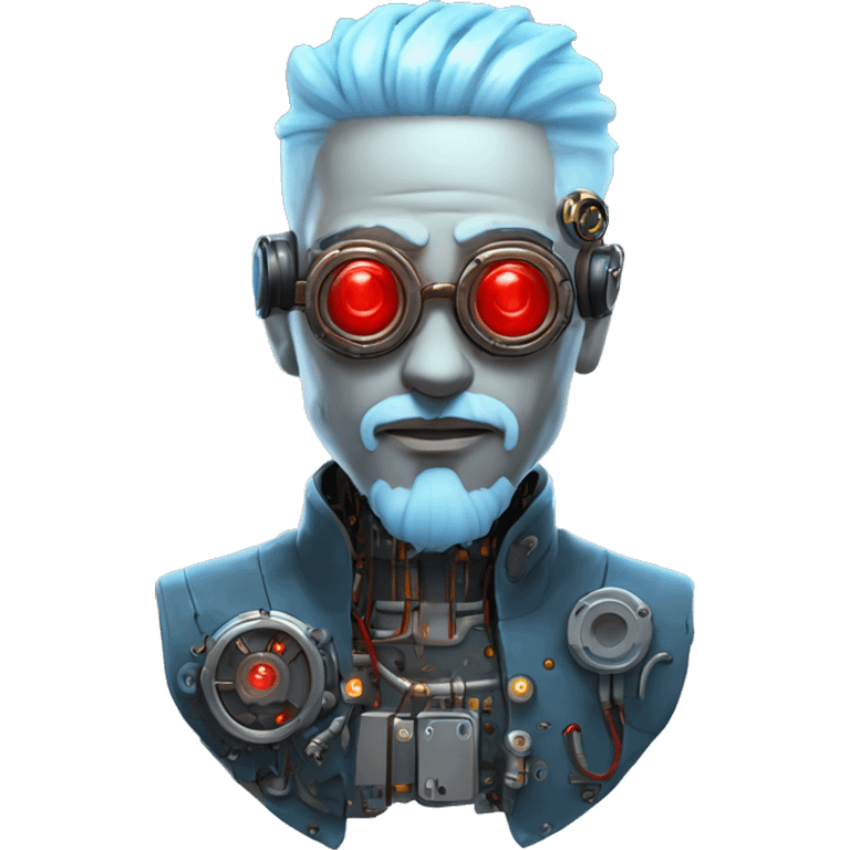  Short light blue haired male cyborg head with light blue beard, red steampunk goggles and circuits emoji