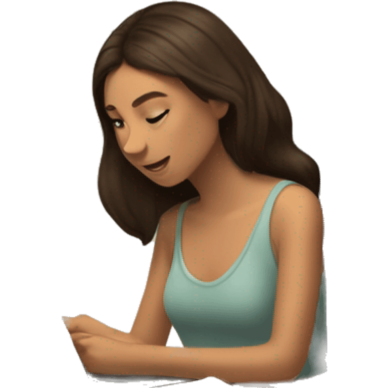 Desk with candle on it and ipad and whit brunette girl studying emoji